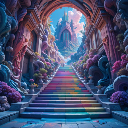 Colorful fantasy scene with a stairway leading to the temple.の素材