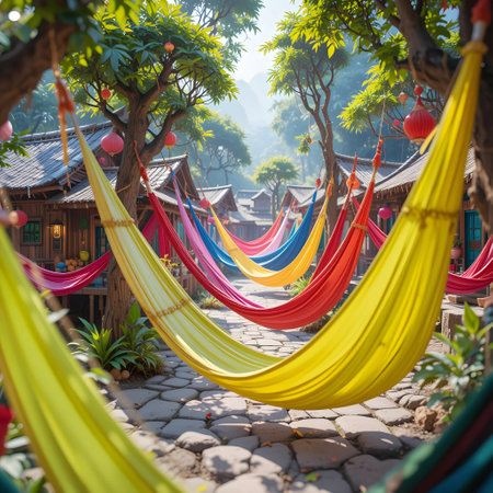 Hammock in the garden of chinese village, Thailand.の素材