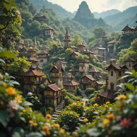 Wooden houses on the top of the hill in the mountains.の素材