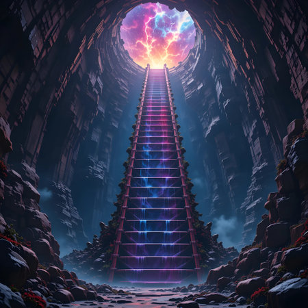 3d illustration of stairs leading up to the sky through the caveの素材