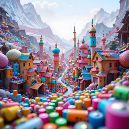 Fantasy town with colorful buildings. 3D rendering. Computer digital drawing.の素材