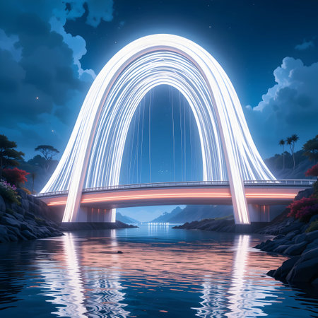 Night view of the bridge over the sea. 3d rendering.の素材