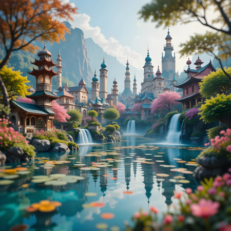 Beautiful fantasy castle in the park with pond and blue sky backgroundの素材