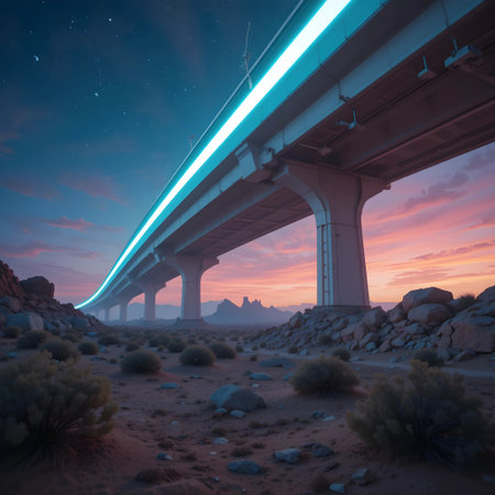 3d rendering of a bridge in the desert at night with starsの素材