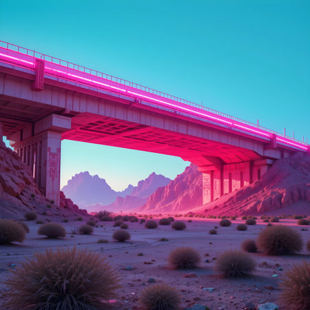 3D rendering of a bridge in the desert with a blue skyの素材