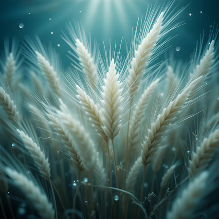 Ears of wheat with drops of dew on a blue backgroundの素材