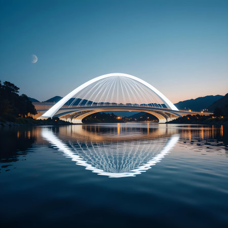 Night view of the bridge over the river with a reflection of the moon.の素材