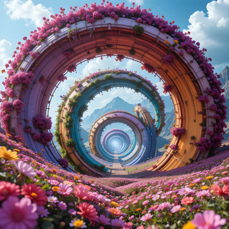 3D rendering of a flower garden in the middle of the mountainsの素材