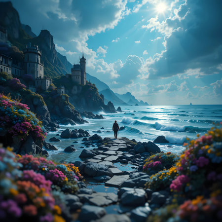 Woman walking on the seashore with a view of the castle in the backgroundの素材