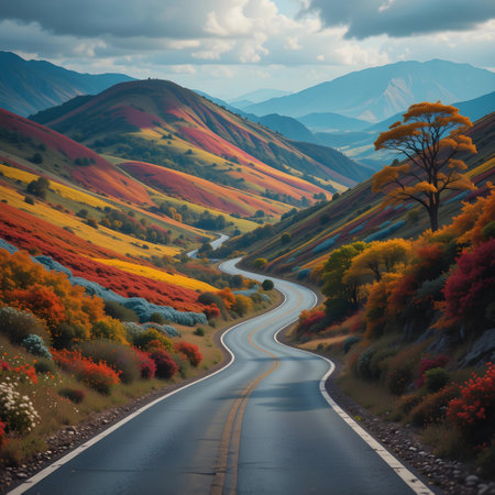 Colorful autumn landscape with road and colorful fields in the mountains.の素材