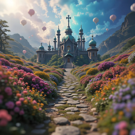 Beautiful fantasy landscape with a church surrounded by flowers. 3d renderの素材