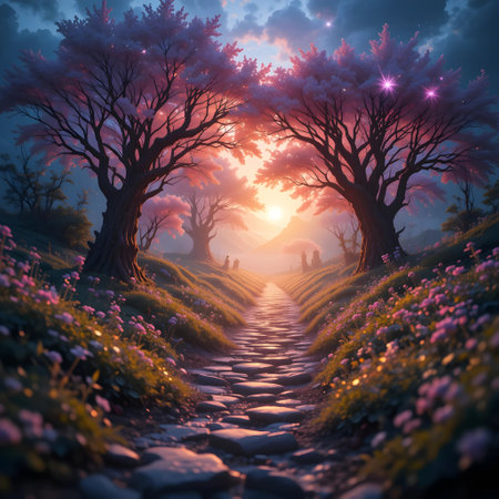 Fantasy landscape with magic tree and flowers. 3D illustration.の素材