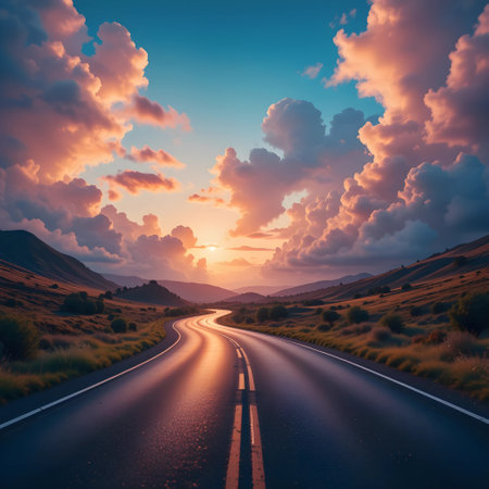 Beautiful sunset on the road in the mountains. Landscape.の素材