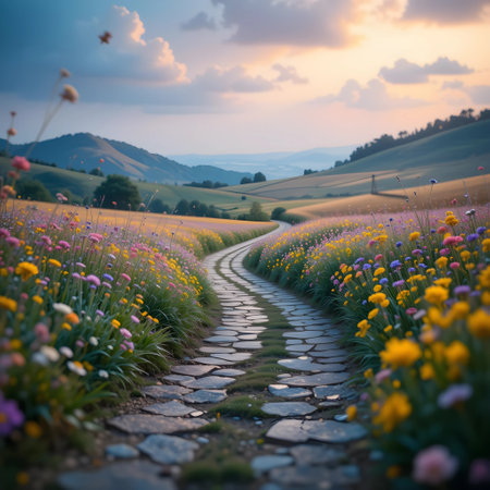 Cobblestone path in the meadow at sunset, Tuscany, Italyの素材