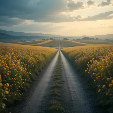 Rural road through sunflower fields at sunset in Tuscany, Italyの素材