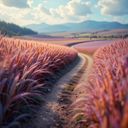 Beautiful summer landscape with red corn field and blue sky with cloudsの素材