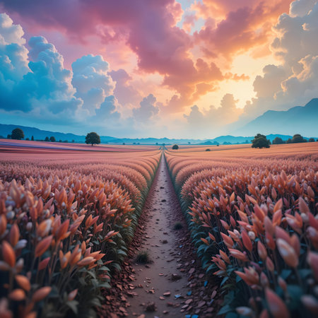 Colorful sunset over the field of tulips. Colorful spring landscape.の素材