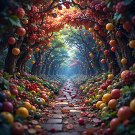 Fruit garden in autumn, 3d rendering. Computer digital drawing.の素材