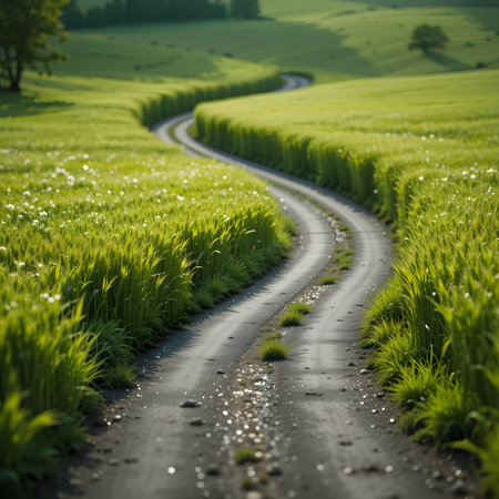 Rural road in the field with green grass and dandelionsの素材