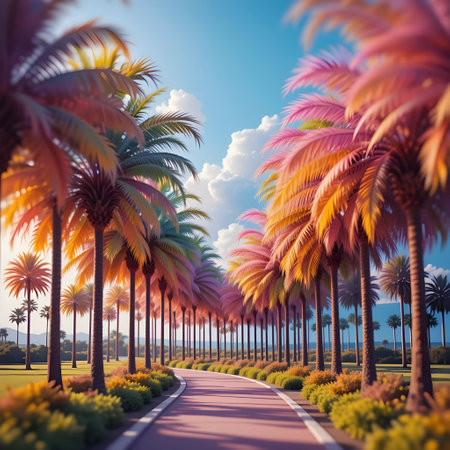 Tropical palm trees alley with blue sky background. 3d renderingの素材