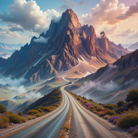 Mountain road in the clouds. Artistic 3D rendering.の素材