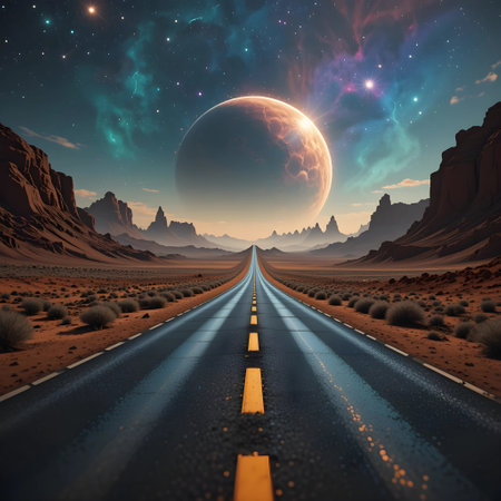 road in desert with full moon and stars. 3d rendering.の素材