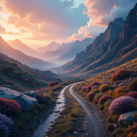 Colorful summer landscape in the mountains. Sunset. The road to the mountains.の素材