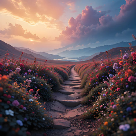 Fantasy landscape with a path among the flowers. 3d renderの素材