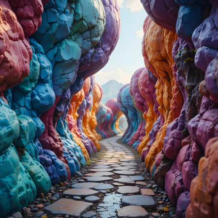 Colorful stone walkway on the beach in the morning, Thailand.の素材