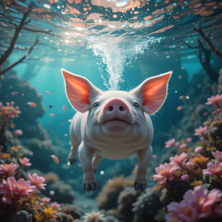 Pig swimming underwater in a coral reef. 3d rendering.の素材