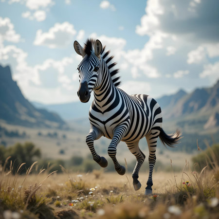 Zebra running in the grassland with mountains in the background.の素材