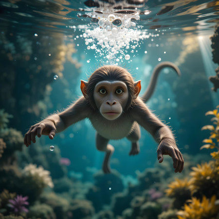 Monkey in the aquarium. 3d render illustration of a funny animalの素材