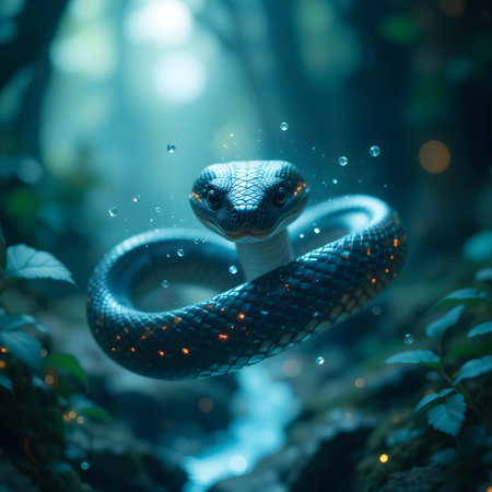 snake in the forest, water drops on the snake's bodyの素材