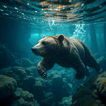 Big brown bear swimming underwater in deep blue sea. 3d renderingの素材