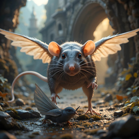 Fantasy 3D illustration of a cute gray mouse with wings and a flock of pigeonsの素材