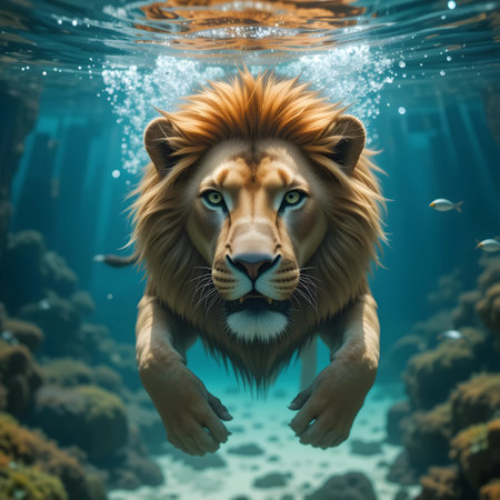 Lion swimming underwater in the ocean. This is a 3d render illustrationの素材