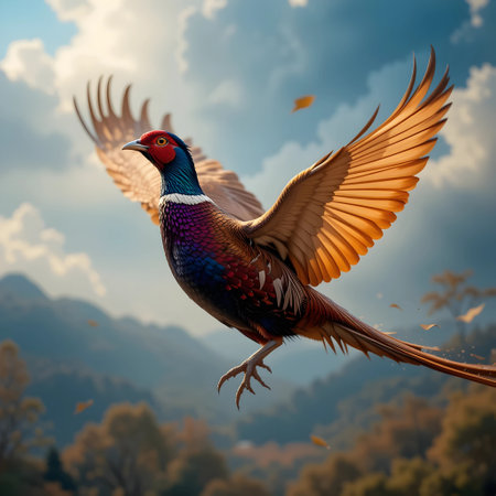 Pheasant flying in the sky. 3d render illustration.の素材