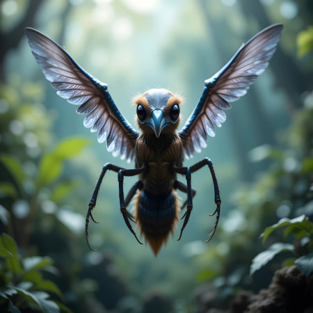 Stag beetle flying in the forest,3d rendering. Computer digital drawing.の素材