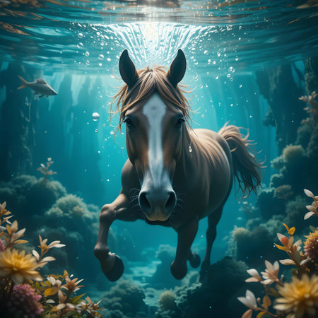Horse in the ocean. 3d illustration. Conceptual imageの素材