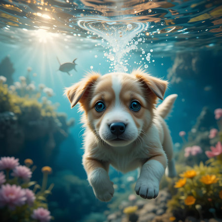 Funny dog in the aquarium. Funny dog in the water.の素材