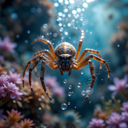 spider on a background of flowers and water drops close-upの素材