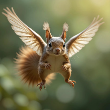 Squirrel flying in the air with open wings on green background.の素材