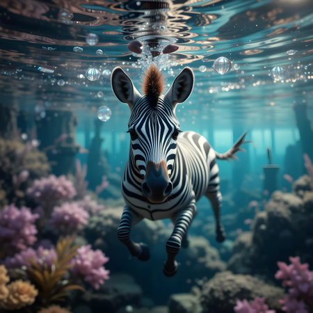Zebra swimming underwater in aquarium. 3D rendering. Underwater world.の素材