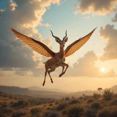 antelope flying in the sky at sunset - 3d render illustrationの素材
