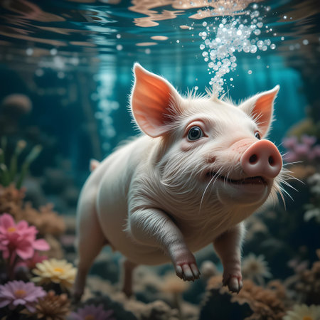 Portrait of a cute pig in the water. Photo in vintage style.の素材