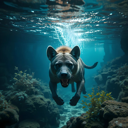 Striped hyena swimming underwater in the ocean. 3d renderingの素材