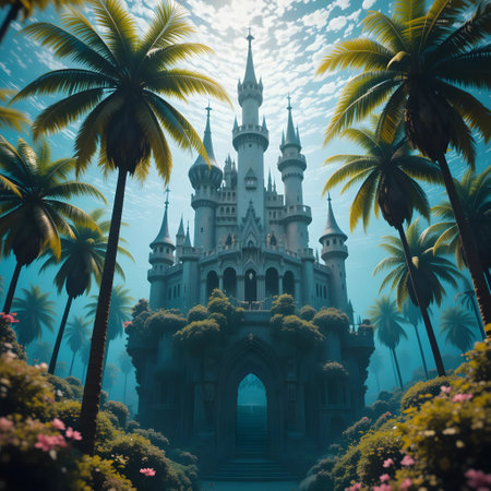 Magic Fairy Tale Castle with palm trees. 3D Rendering.の素材