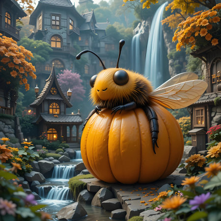 Halloween theme: a bee on a pumpkin in front of a waterfallの素材