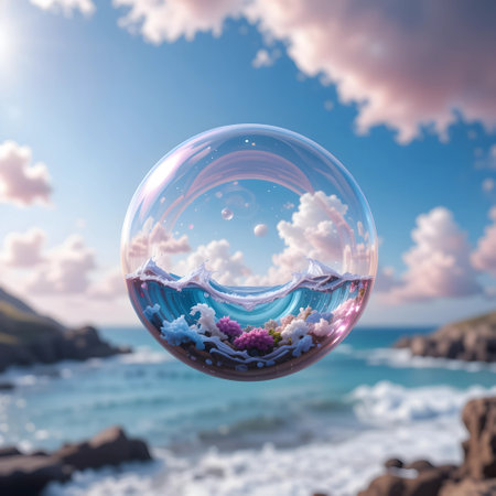 Soap bubble with flowers on the background of the sea and skyの素材