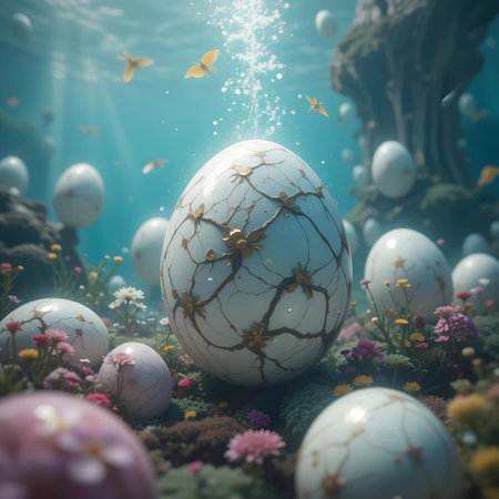 Easter eggs in the underwater world. 3D illustration. Vintage style.の素材